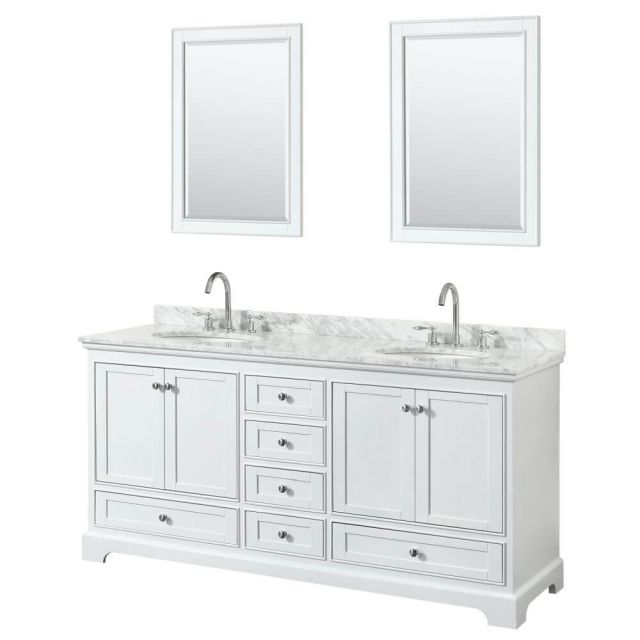 Wyndham Collection Deborah 72 inch Double Bath Vanity in White with White Carrara Marble Countertop, Undermount Oval Sinks and 24 inch Mirrors - WCS202072DWHCMUNOM24