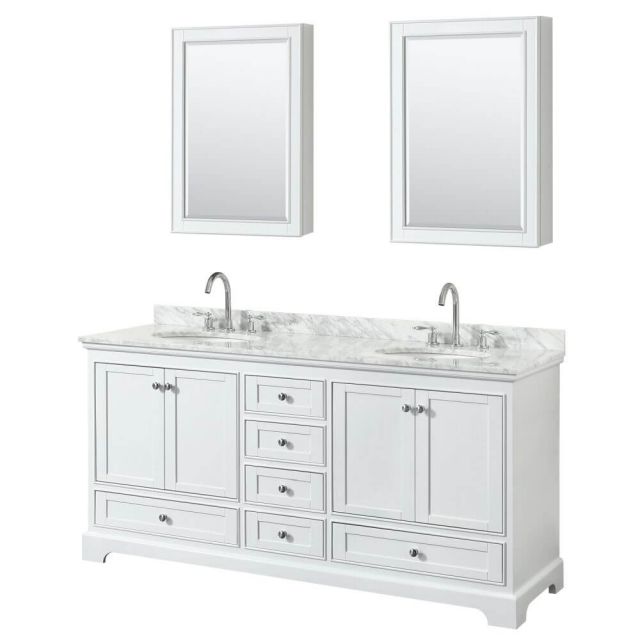 Wyndham Collection Deborah 72 inch Double Bath Vanity in White with White Carrara Marble Countertop, Undermount Oval Sinks and Medicine Cabinets - WCS202072DWHCMUNOMED