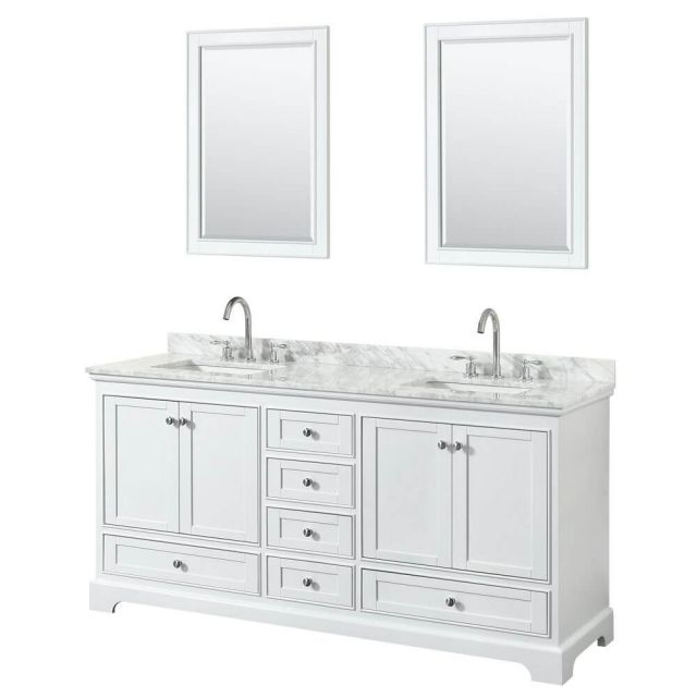 Wyndham Collection Deborah 72 Inch Double Bath Vanity In White With White Carrara Marble Countertop With Undermount Square Sink With 24 Inch Mirror - WCS202072DWHCMUNSM24