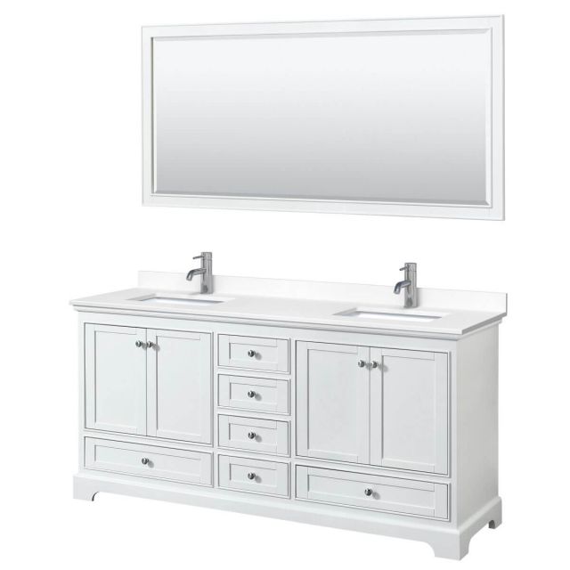 Wyndham Collection Deborah 72 inch Double Bathroom Vanity in White with White Cultured Marble Countertop, Undermount Square Sinks and 70 inch Mirror - WCS202072DWHWCUNSM70