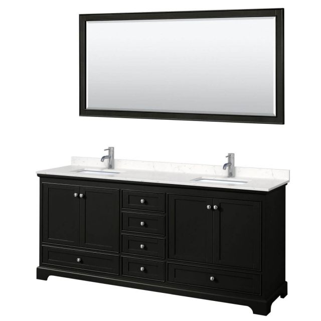 Wyndham Collection Deborah 80 inch Double Bathroom Vanity in Dark Espresso with Light-Vein Carrara Cultured Marble Countertop, Undermount Square Sinks and 70 inch Mirror - WCS202080DDEC2UNSM70