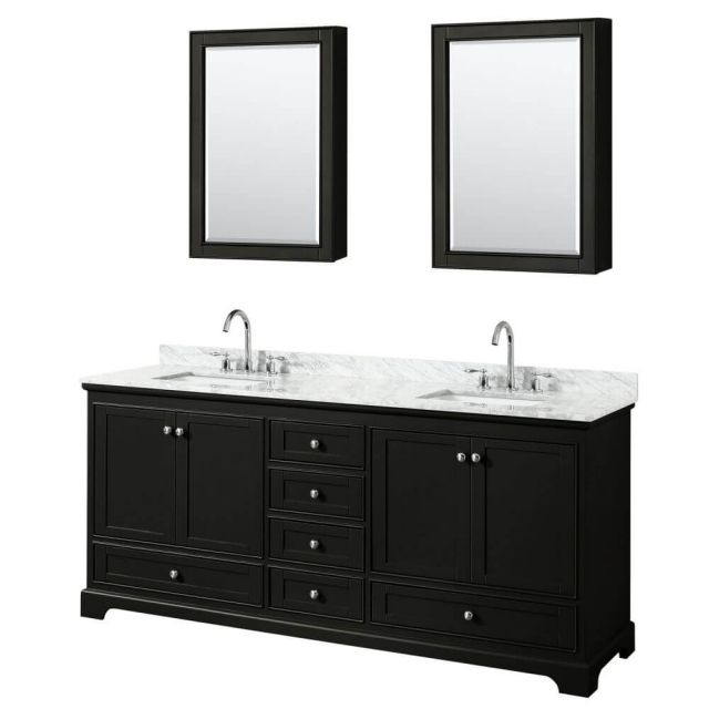 Wyndham Collection Deborah 80 inch Double Bath Vanity in Dark Espresso with White Carrara Marble Countertop, Undermount Square Sinks and Medicine Cabinets - WCS202080DDECMUNSMED