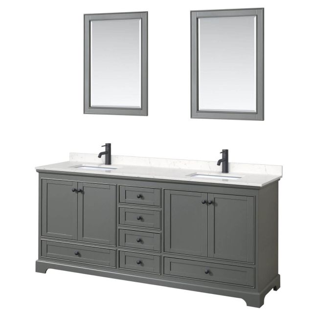 Wyndham Collection Deborah 80 inch Double Bathroom Vanity in Dark Gray with Carrara Cultured Marble Countertop, Undermount Square Sinks, Matte Black Trim and 24 Inch Mirrors WCS202080DGBC2UNSM24