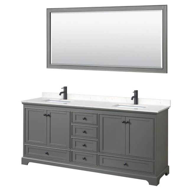 Wyndham Collection Deborah 80 inch Double Bathroom Vanity in Dark Gray with Carrara Cultured Marble Countertop, Undermount Square Sinks, Matte Black Trim and 70 Inch Mirror WCS202080DGBC2UNSM70