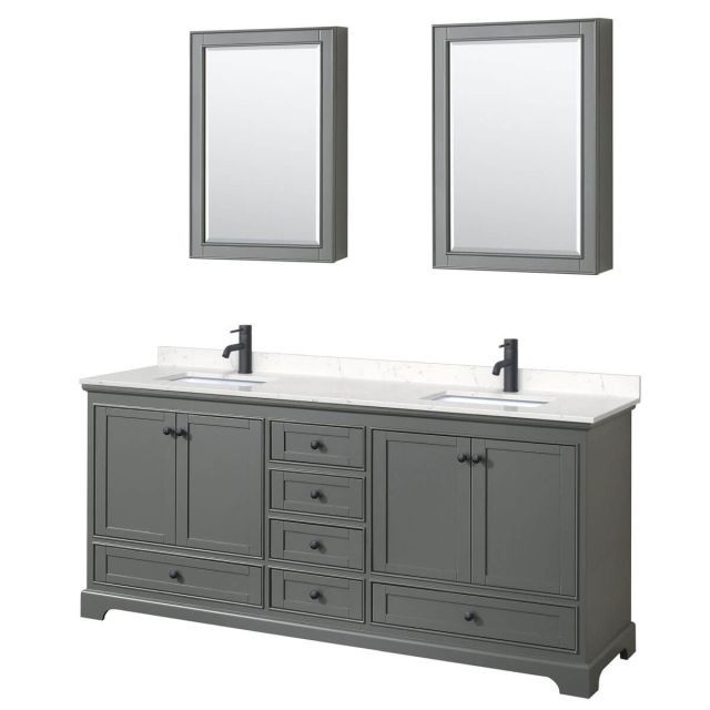 Wyndham Collection Deborah 80 inch Double Bathroom Vanity in Dark Gray with Carrara Cultured Marble Countertop, Undermount Square Sinks, Matte Black Trim and Medicine Cabinets WCS202080DGBC2UNSMED