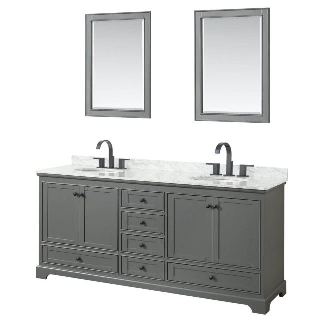 Wyndham Collection Deborah 80 inch Double Bathroom Vanity in Dark Gray with White Carrara Marble Countertop, Undermount Oval Sinks, Matte Black Trim and 24 Inch Mirrors WCS202080DGBCMUNOM24