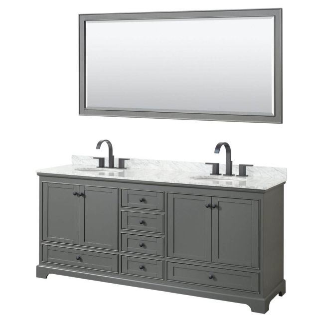 Wyndham Collection Deborah 80 inch Double Bathroom Vanity in Dark Gray with White Carrara Marble Countertop, Undermount Oval Sinks, Matte Black Trim and 70 Inch Mirror WCS202080DGBCMUNOM70