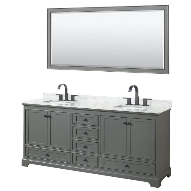 Wyndham Collection Deborah 80 inch Double Bathroom Vanity in Dark Gray with White Carrara Marble Countertop, Undermount Square Sinks, Matte Black Trim and 70 Inch Mirror WCS202080DGBCMUNSM70