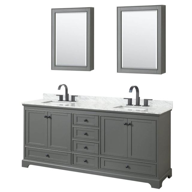 Wyndham Collection Deborah 80 inch Double Bathroom Vanity in Dark Gray with White Carrara Marble Countertop, Undermount Square Sinks, Matte Black Trim and Medicine Cabinets WCS202080DGBCMUNSMED