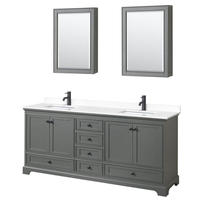 Wyndham Collection Deborah 80 inch Double Bathroom Vanity in Dark Gray with White Cultured Marble Countertop, Undermount Square Sinks, Matte Black Trim and Medicine Cabinets WCS202080DGBWCUNSMED