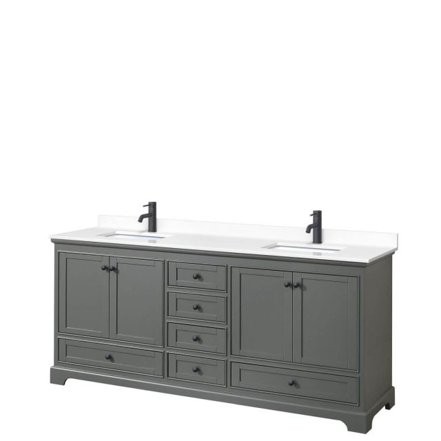 Wyndham Collection Deborah 80 inch Double Bathroom Vanity in Dark Gray with White Cultured Marble Countertop, Undermount Square Sinks and Matte Black Trim WCS202080DGBWCUNSMXX
