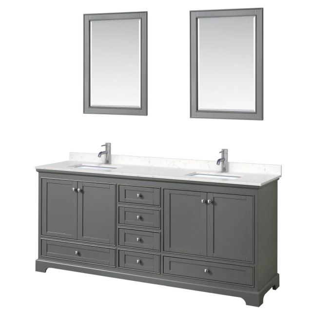 Wyndham Collection Deborah 80 inch Double Bathroom Vanity in Dark Gray with Light-Vein Carrara Cultured Marble Countertop, Undermount Square Sinks and 24 inch Mirrors - WCS202080DKGC2UNSM24