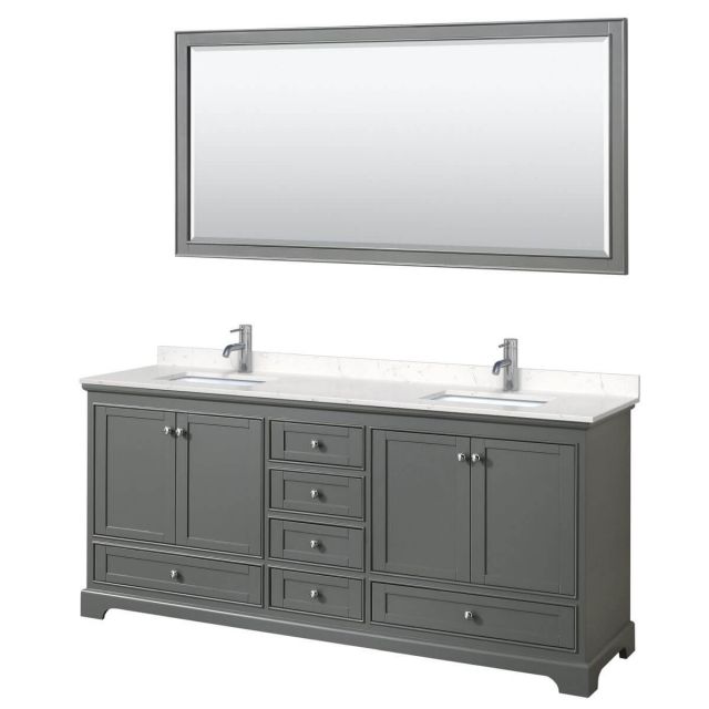 Wyndham Collection Deborah 80 inch Double Bathroom Vanity in Dark Gray with Light-Vein Carrara Cultured Marble Countertop, Undermount Square Sinks and 70 inch Mirror - WCS202080DKGC2UNSM70