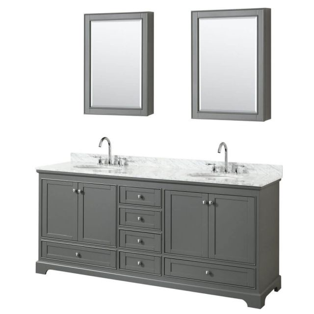 Wyndham Collection Deborah 80 inch Double Bath Vanity in Dark Gray with White Carrara Marble Countertop, Undermount Oval Sinks and Medicine Cabinets - WCS202080DKGCMUNOMED