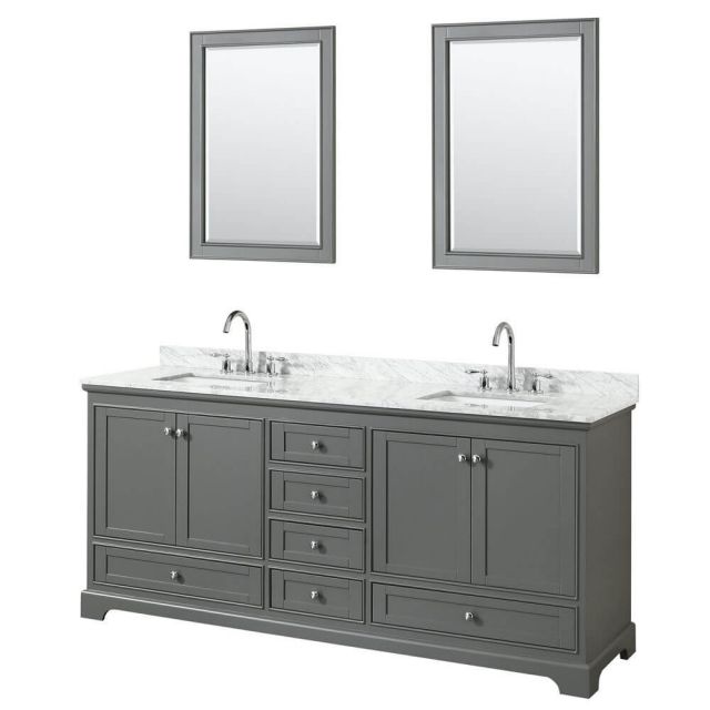 Wyndham Collection Deborah 80 Inch Double Bath Vanity In Dark Gray With White Carrara Marble Countertop With Undermount Square Sink With 24 Inch Mirror - WCS202080DKGCMUNSM24