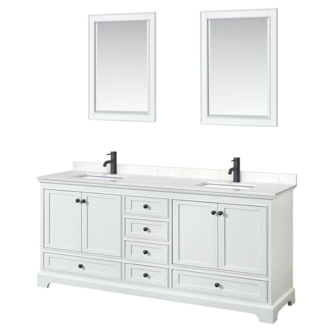 Wyndham Collection Deborah 80 inch Double Bathroom Vanity in White with Carrara Cultured Marble Countertop, Undermount Square Sinks, Matte Black Trim and 24 Inch Mirrors WCS202080DWBC2UNSM24