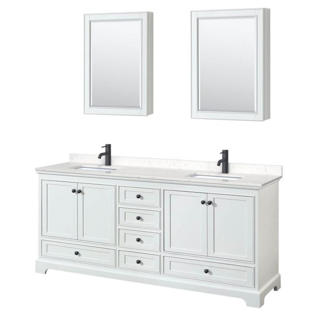 Wyndham Collection Deborah 80 inch Double Bathroom Vanity in White with Carrara Cultured Marble Countertop, Undermount Square Sinks, Matte Black Trim and Medicine Cabinets WCS202080DWBC2UNSMED