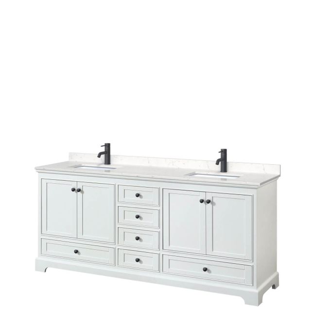 Wyndham Collection Deborah 80 inch Double Bathroom Vanity in White with Carrara Cultured Marble Countertop, Undermount Square Sinks and Matte Black Trim WCS202080DWBC2UNSMXX