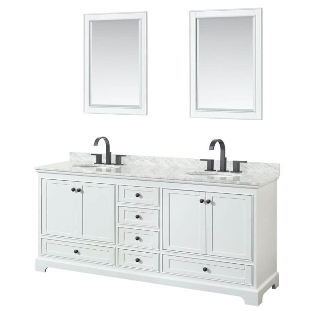 Wyndham Collection Deborah 80 inch Double Bathroom Vanity in White with White Carrara Marble Countertop, Undermount Oval Sinks, Matte Black Trim and 24 Inch Mirrors WCS202080DWBCMUNOM24