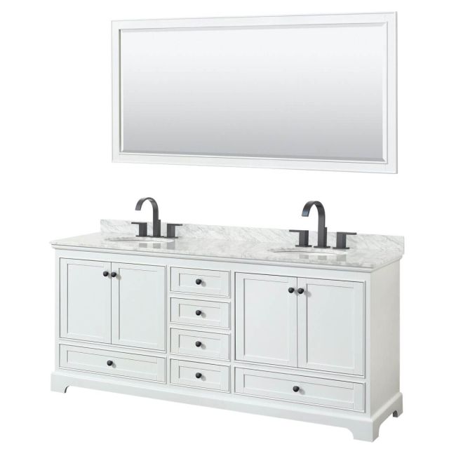 Wyndham Collection Deborah 80 inch Double Bathroom Vanity in White with White Carrara Marble Countertop, Undermount Oval Sinks, Matte Black Trim and 70 Inch Mirror WCS202080DWBCMUNOM70