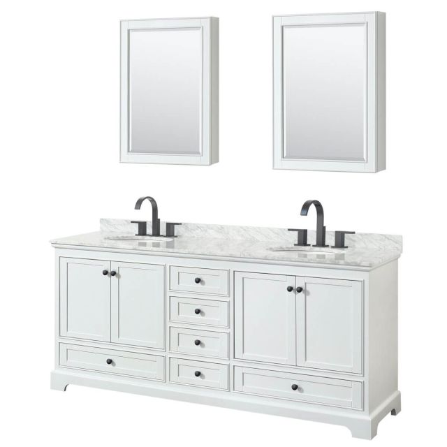 Wyndham Collection Deborah 80 inch Double Bathroom Vanity in White with White Carrara Marble Countertop, Undermount Oval Sinks, Matte Black Trim and Medicine Cabinets WCS202080DWBCMUNOMED