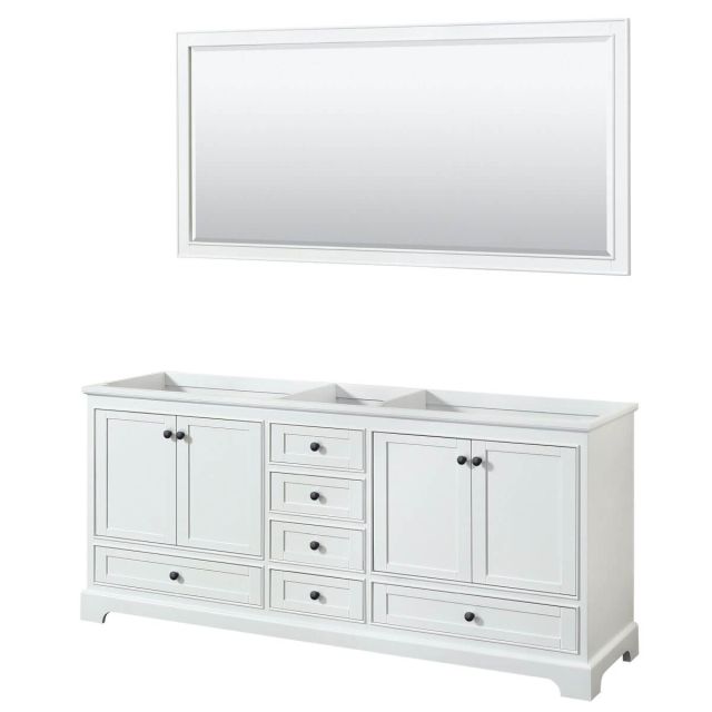 Wyndham Collection Deborah 80 inch Double Bathroom Vanity in White with 70 Inch Mirror, Matte Black Trim, No Countertop and No Sinks WCS202080DWBCXSXXM70