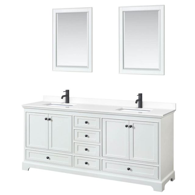 Wyndham Collection Deborah 80 inch Double Bathroom Vanity in White with White Cultured Marble Countertop, Undermount Square Sinks, Matte Black Trim and 24 Inch Mirrors WCS202080DWBWCUNSM24