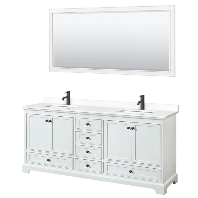 Wyndham Collection Deborah 80 inch Double Bathroom Vanity in White with White Cultured Marble Countertop, Undermount Square Sinks, Matte Black Trim and 70 Inch Mirror WCS202080DWBWCUNSM70