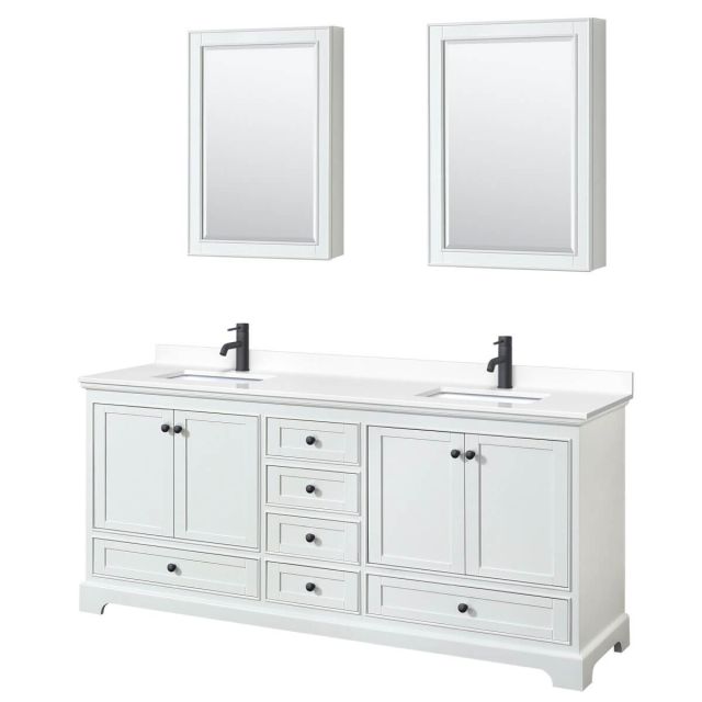 Wyndham Collection Deborah 80 inch Double Bathroom Vanity in White with White Cultured Marble Countertop, Undermount Square Sinks, Matte Black Trim and Medicine Cabinets WCS202080DWBWCUNSMED