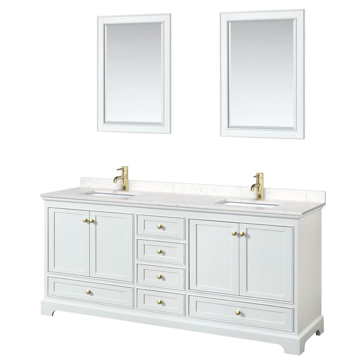Wyndham Collection Deborah 80 inch Double Bathroom Vanity in White with Carrara Cultured Marble Countertop, Undermount Square Sinks, Brushed Gold Trim and 24 inch Mirrors - WCS202080DWGC2UNSM24