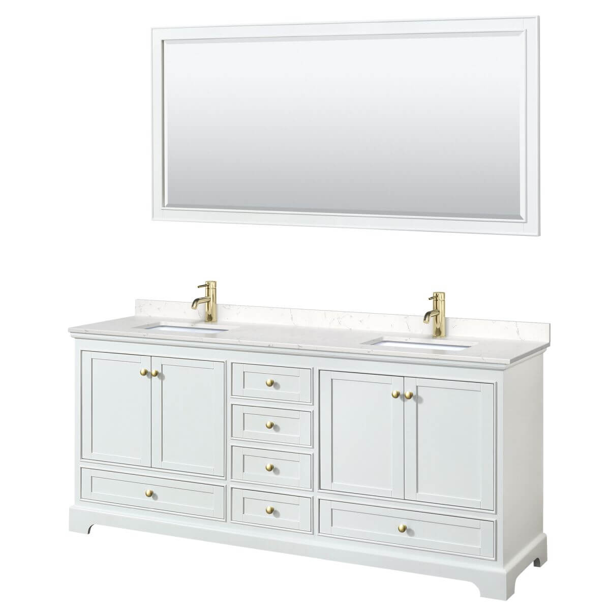 Wyndham Collection Deborah 80 inch Double Bathroom Vanity in White with Carrara Cultured Marble Countertop, Undermount Square Sinks, Brushed Gold Trim and 70 inch Mirror - WCS202080DWGC2UNSM70