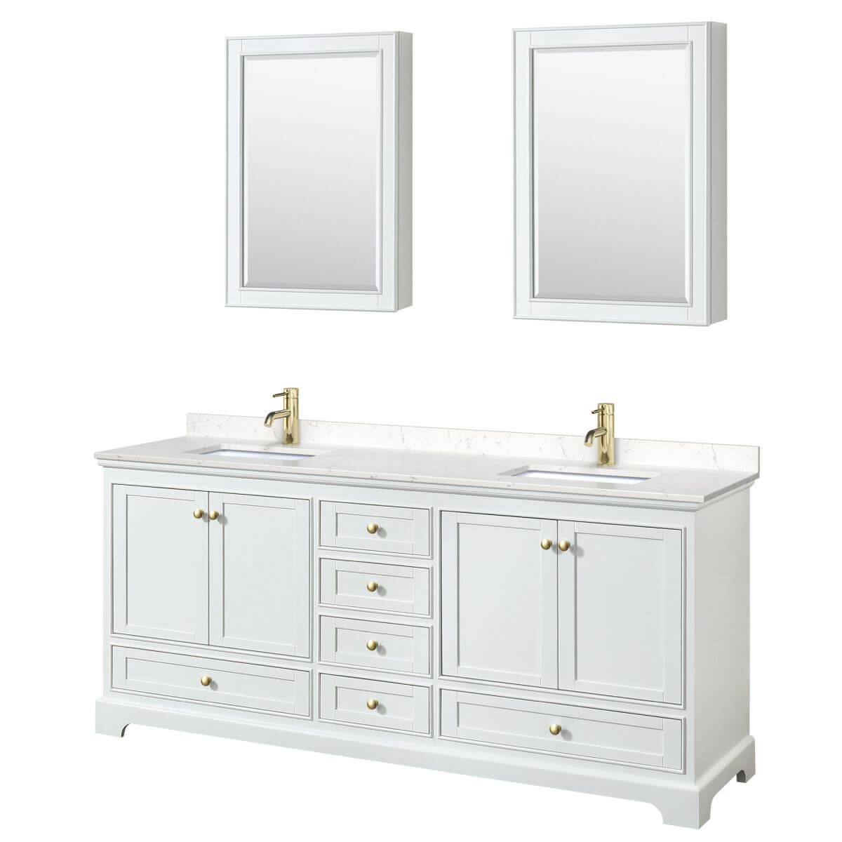 Wyndham Collection Deborah 80 inch Double Bathroom Vanity in White with Carrara Cultured Marble Countertop, Undermount Square Sinks, Brushed Gold Trim and Medicine Cabinets - WCS202080DWGC2UNSMED
