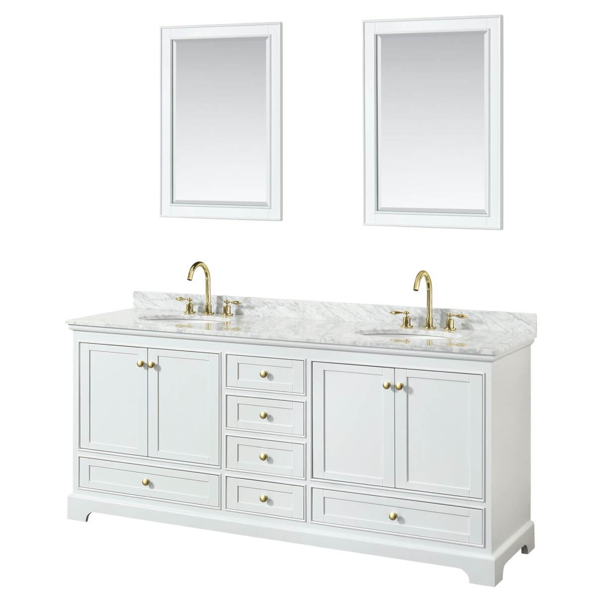 Wyndham Collection Deborah 80 inch Double Bathroom Vanity in White with White Carrara Marble Countertop, Undermount Oval Sinks, Brushed Gold Trim and 24 inch Mirrors - WCS202080DWGCMUNOM24