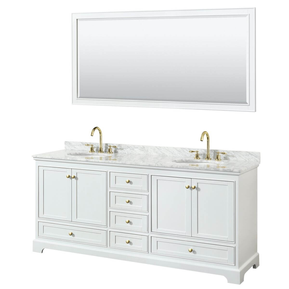 Wyndham Collection Deborah 80 inch Double Bathroom Vanity in White with White Carrara Marble Countertop, Undermount Oval Sinks, Brushed Gold Trim and 70 inch Mirror - WCS202080DWGCMUNOM70