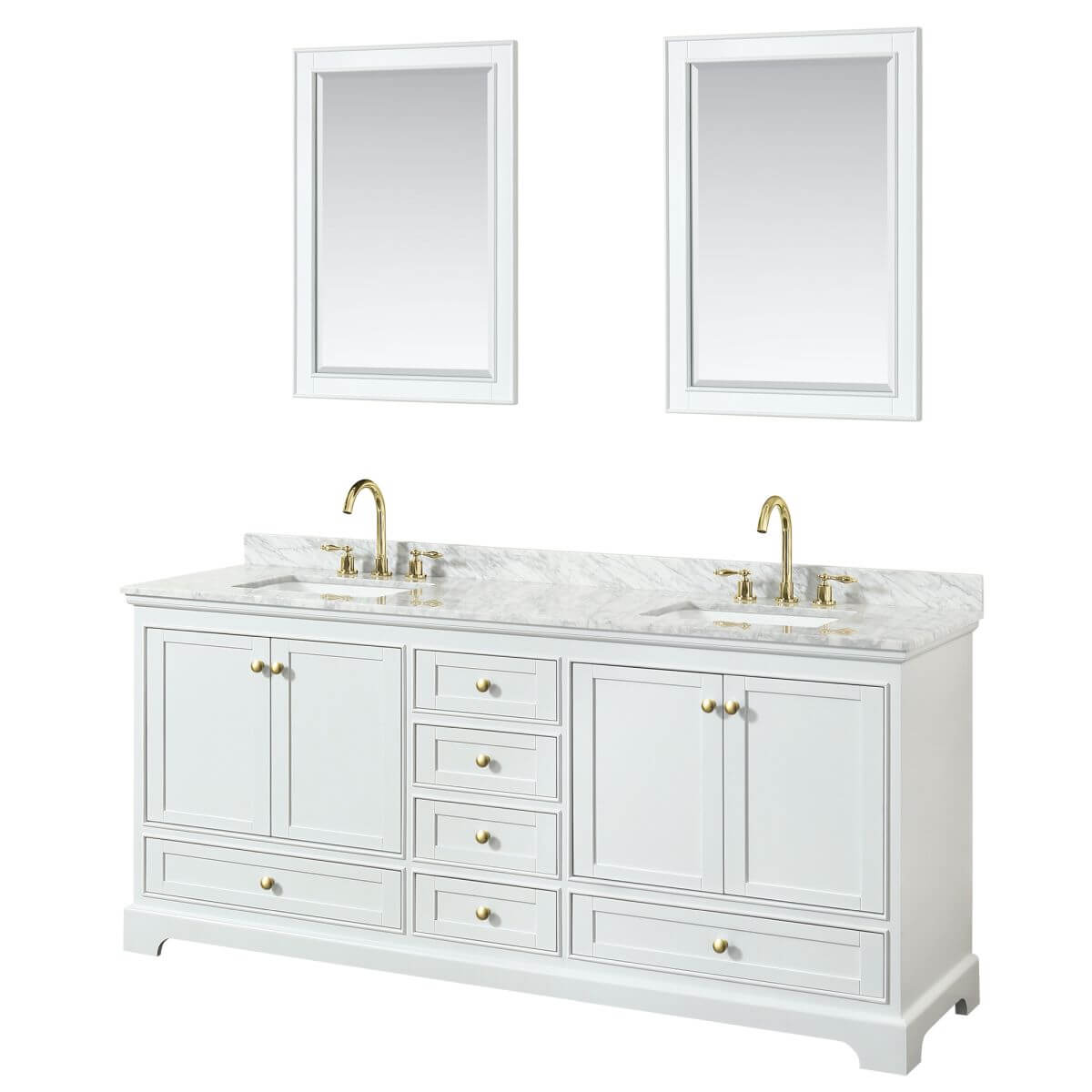 Wyndham Collection Deborah 80 inch Double Bathroom Vanity in White with White Carrara Marble Countertop, Undermount Square Sinks, Brushed Gold Trim and 24 inch Mirrors - WCS202080DWGCMUNSM24