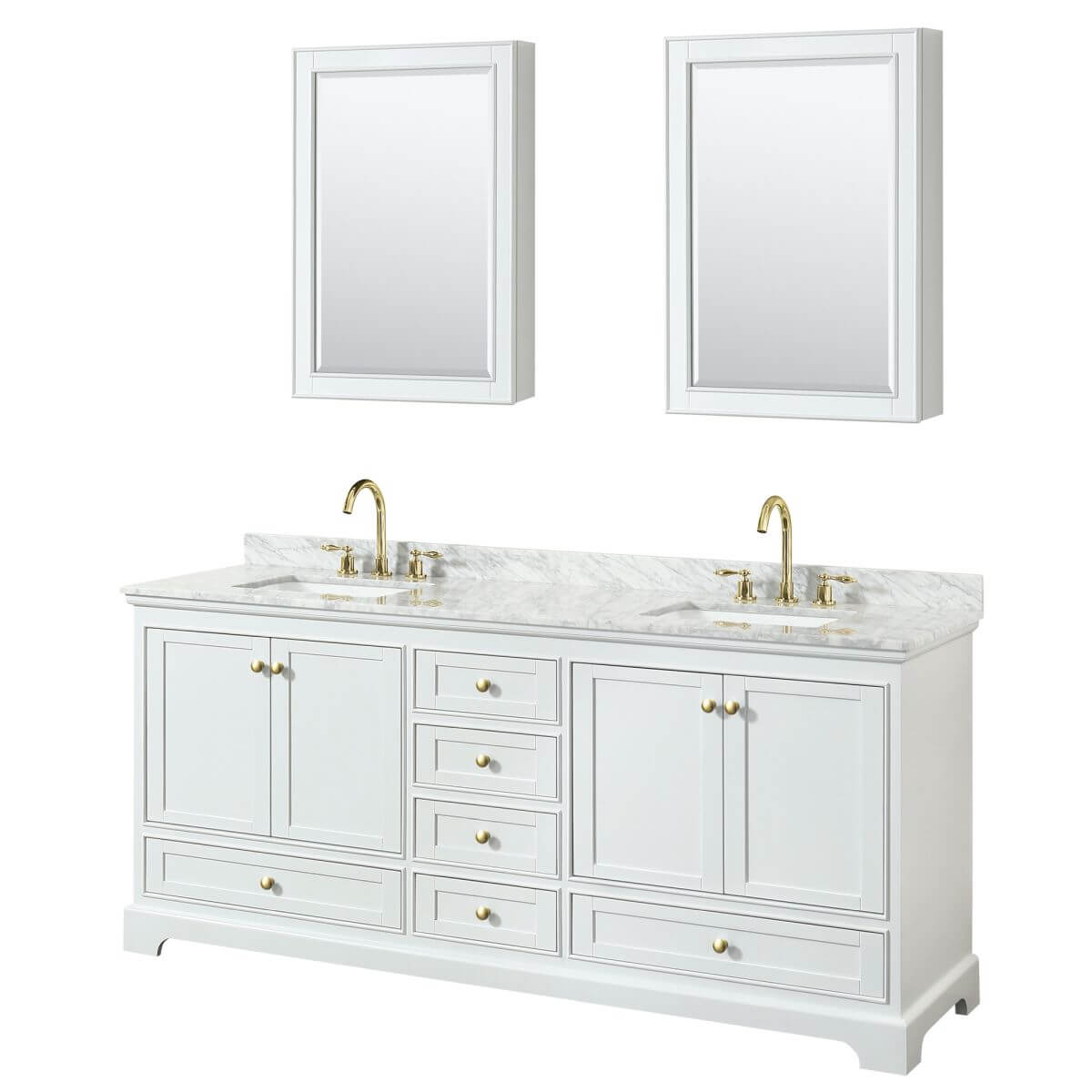 Wyndham Collection Deborah 80 inch Double Bathroom Vanity in White with White Carrara Marble Countertop, Undermount Square Sinks, Brushed Gold Trim and Medicine Cabinets - WCS202080DWGCMUNSMED
