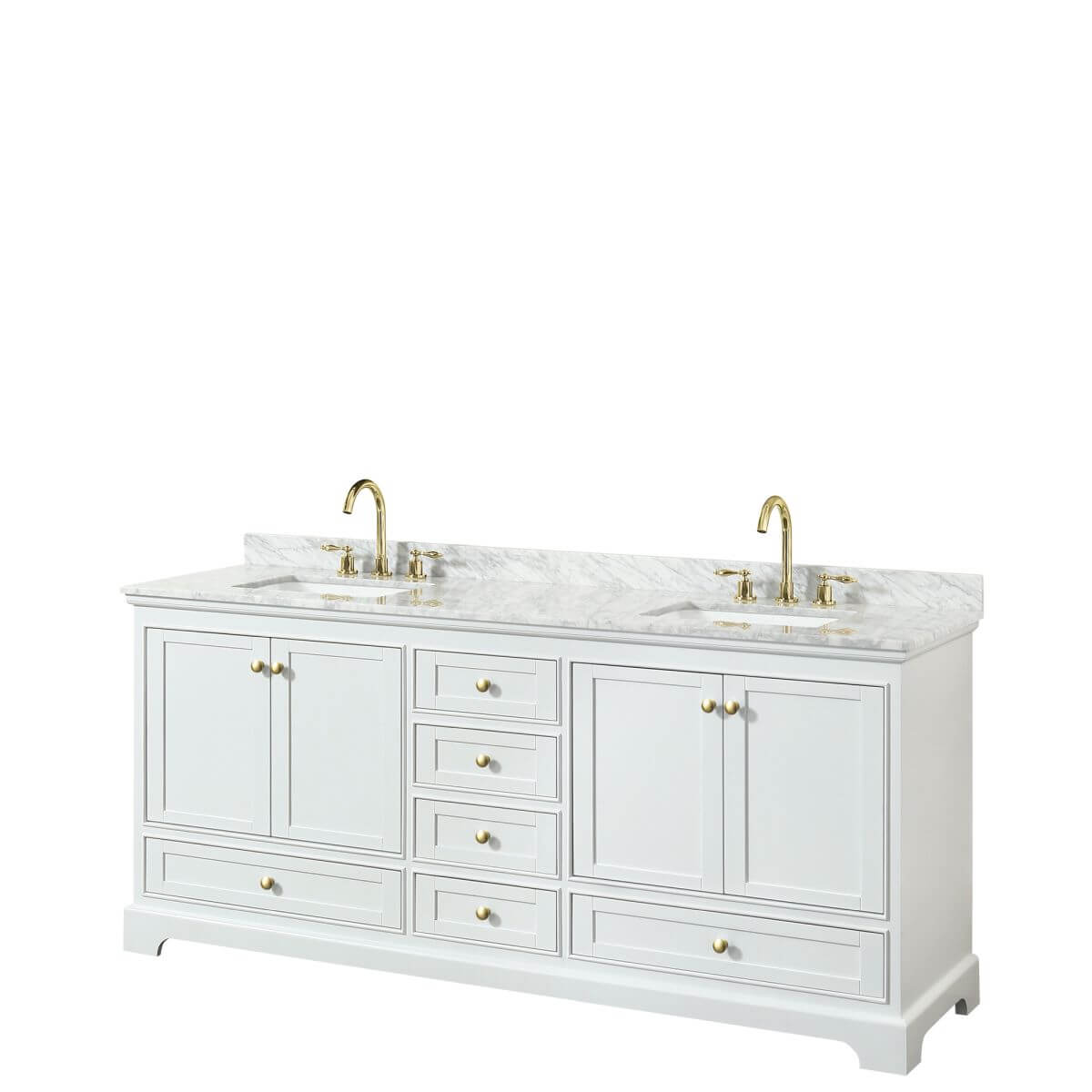 Wyndham Collection Deborah 80 inch Double Bathroom Vanity in White with White Carrara Marble Countertop, Undermount Square Sinks, Brushed Gold Trim and No Mirrors - WCS202080DWGCMUNSMXX