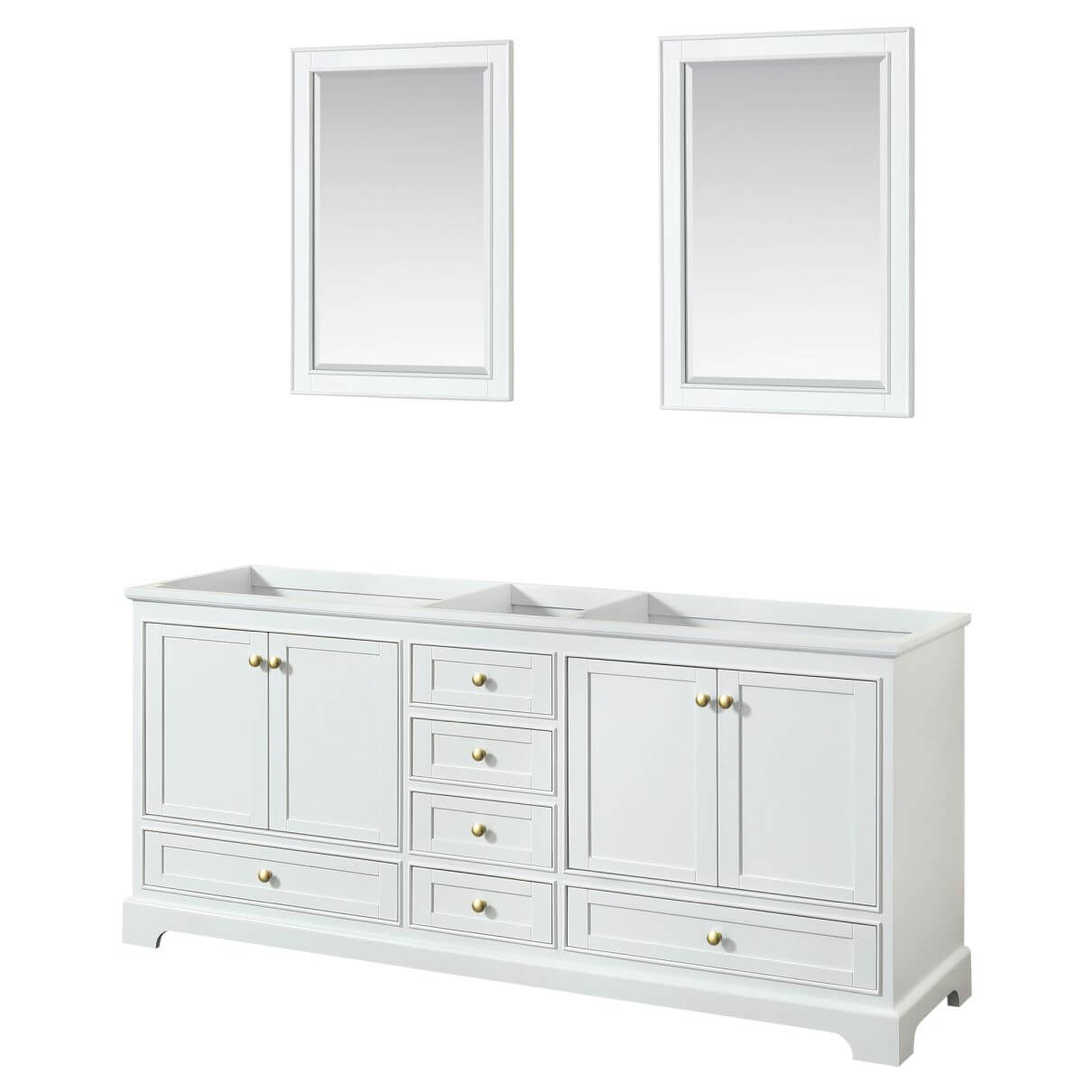 Wyndham Collection Deborah 80 inch Double Bathroom Vanity in White with 24 inch Mirrors, Brushed Gold Trim, No Countertop and No Sinks - WCS202080DWGCXSXXM24