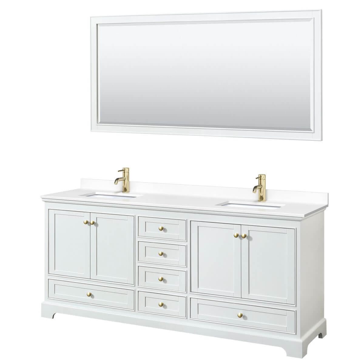Wyndham Collection Deborah 80 inch Double Bathroom Vanity in White with White Cultured Marble Countertop, Undermount Square Sinks, Brushed Gold Trim and 70 inch Mirror - WCS202080DWGWCUNSM70