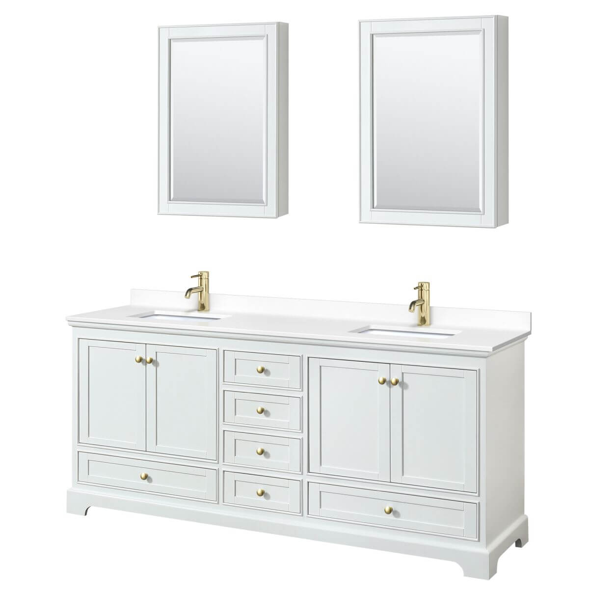 Wyndham Collection Deborah 80 inch Double Bathroom Vanity in White with White Cultured Marble Countertop, Undermount Square Sinks, Brushed Gold Trim and Medicine Cabinets - WCS202080DWGWCUNSMED