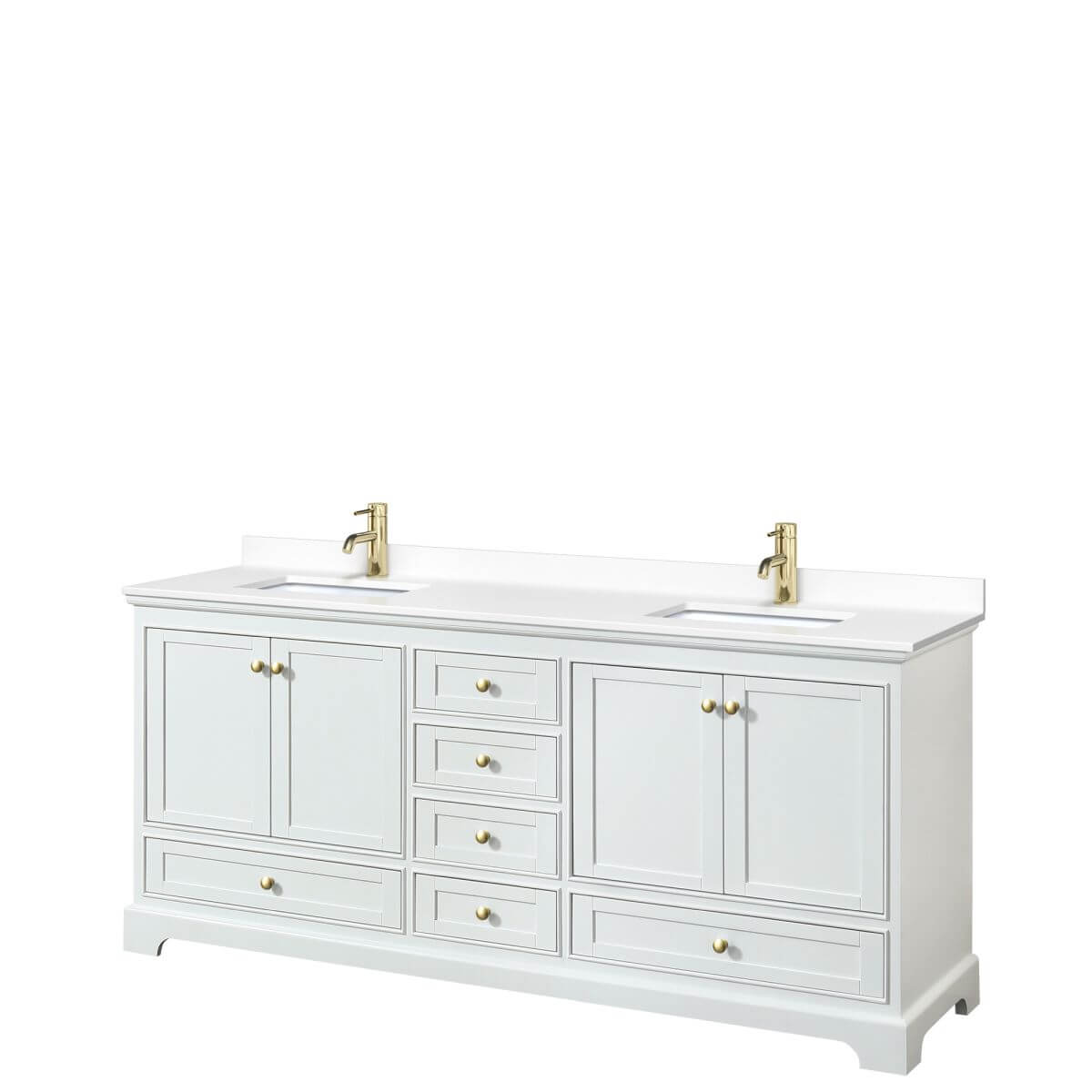 Wyndham Collection Deborah 80 inch Double Bathroom Vanity in White with White Cultured Marble Countertop, Undermount Square Sinks, Brushed Gold Trim and No Mirrors - WCS202080DWGWCUNSMXX
