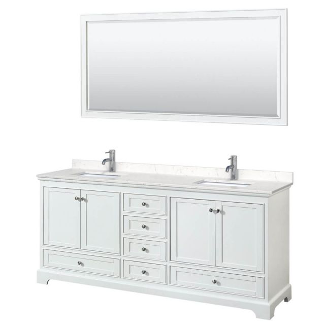 Wyndham Collection Deborah 80 inch Double Bathroom Vanity in White with Light-Vein Carrara Cultured Marble Countertop, Undermount Square Sinks and 70 inch Mirror - WCS202080DWHC2UNSM70