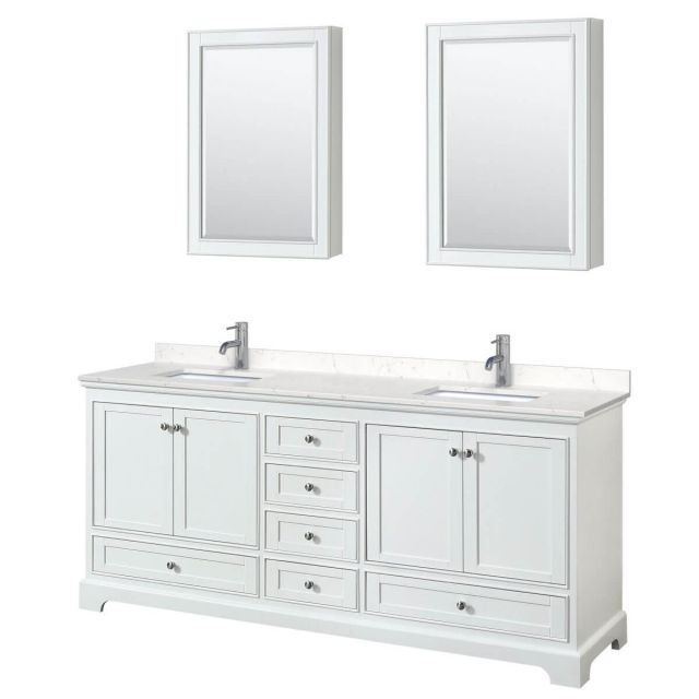 Wyndham Collection Deborah 80 inch Double Bathroom Vanity in White with Light-Vein Carrara Cultured Marble Countertop, Undermount Square Sinks and Medicine Cabinets - WCS202080DWHC2UNSMED