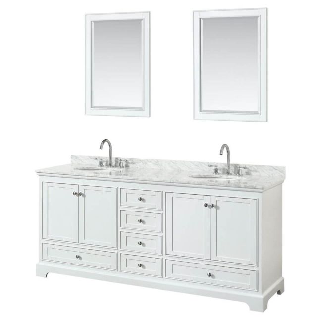 Wyndham Collection Deborah 80 inch Double Bath Vanity in White with White Carrara Marble Countertop, Undermount Oval Sinks and 24 inch Mirrors - WCS202080DWHCMUNOM24