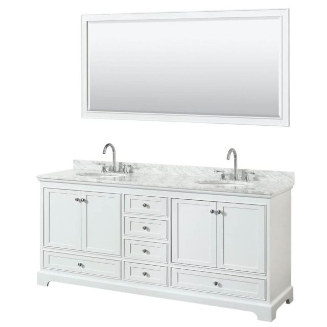 Wyndham Collection Deborah 80 inch Double Bath Vanity in White with White Carrara Marble Countertop, Undermount Oval Sinks and 70 inch Mirror - WCS202080DWHCMUNOM70
