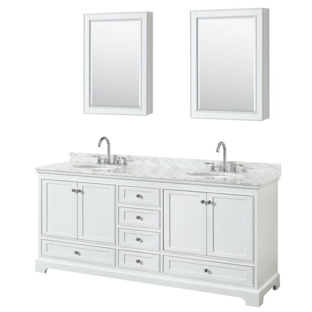 Wyndham Collection Deborah 80 inch Double Bath Vanity in White with White Carrara Marble Countertop, Undermount Oval Sinks and Medicine Cabinets - WCS202080DWHCMUNOMED