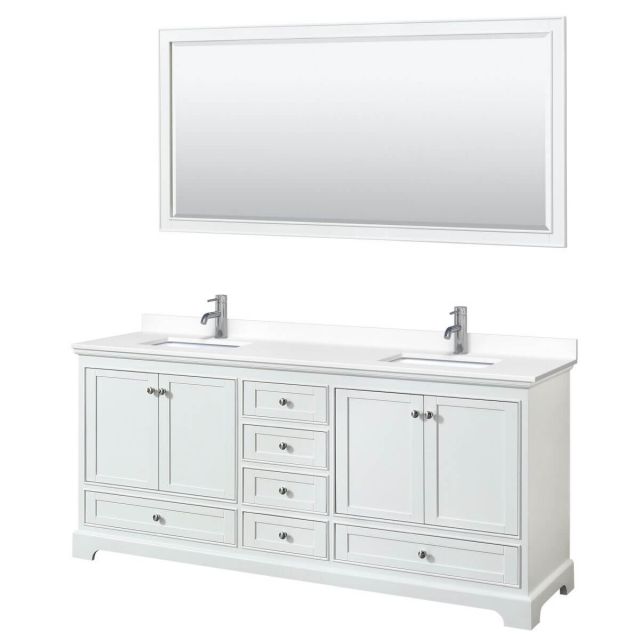 Wyndham Collection Deborah 80 inch Double Bathroom Vanity in White with White Cultured Marble Countertop, Undermount Square Sinks and 70 inch Mirror - WCS202080DWHWCUNSM70