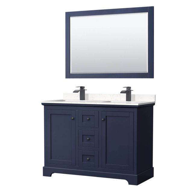Wyndham Collection Avery 48 inch Double Bathroom Vanity in Dark Blue with Light-Vein Carrara Cultured Marble Countertop, Undermount Square Sinks, Matte Black Trim and 46 Inch Mirror WCV232348DBBC2UNSM46