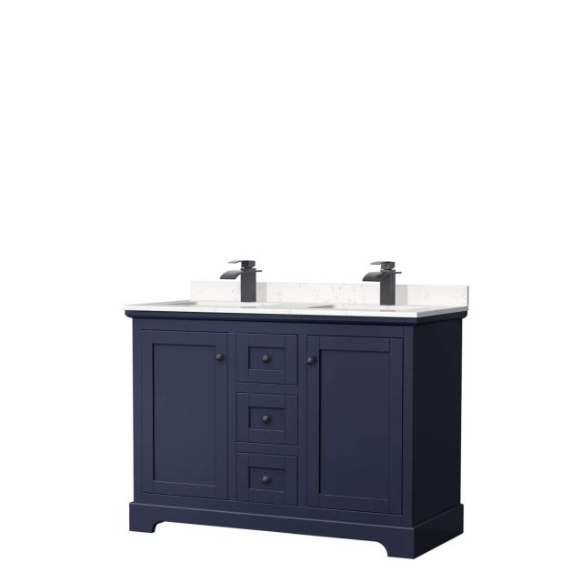 Wyndham Collection Avery 48 inch Double Bathroom Vanity in Dark Blue with Light-Vein Carrara Cultured Marble Countertop, Undermount Square Sinks and Matte Black Trim WCV232348DBBC2UNSMXX