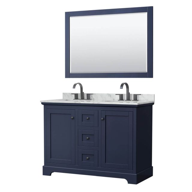 Wyndham Collection Avery 48 inch Double Bathroom Vanity in Dark Blue with White Carrara Marble Countertop, Undermount Oval Sinks, Matte Black Trim and 46 Inch Mirror WCV232348DBBCMUNOM46
